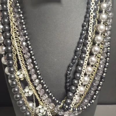 Sale Photo Thumbnail #113: The image shows a multi-strand statement necklace that appears to be the "Main Event" necklace by Premier Designs, featuring layered strands of black beads, gray faux pearls, and metallic chain