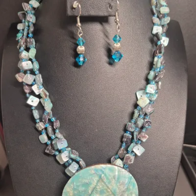Sale Photo Thumbnail #165: Set of 2 Vintage necklaces ~ turquoise chips & blue glass 
size approx. 16" w/lobster clasp