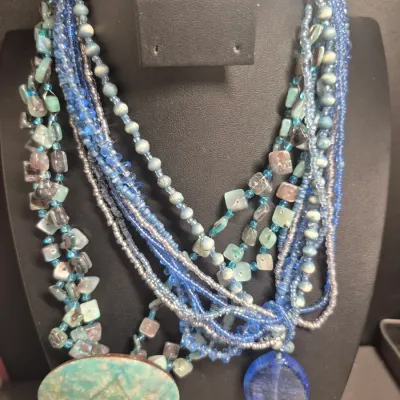 Sale Photo Thumbnail #164: Set of 2 Vintage necklaces ~ turquoise chips & blue glass 
size approx. 16" w/lobster clasp