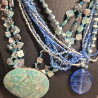 Sale Photo Thumbnail #163: Set of 2 Vintage necklaces ~ turquoise chips & blue glass 
size approx. 16" w/lobster clasp