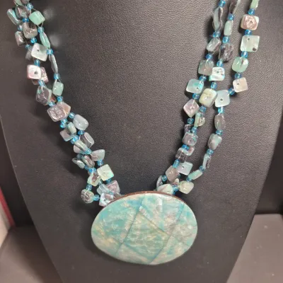 Sale Photo Thumbnail #166: Set of 2 Vintage necklaces ~ turquoise chips & blue glass 
size approx. 16" w/lobster clasp