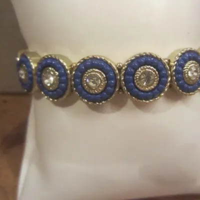 Sale Photo Thumbnail #259: NEW - GOLD TONE STRETCH BRACELET WITH CLEAR CZ RHINESTONE SURROUNDED BY BLUE SEED BEADS - SO PRETTY IN PERSON BRACELET.