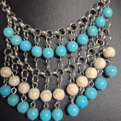 Sale Photo Thumbnail #276: Southern style Fringe Necklace w/dangle drops & open Cuff Bracelet SET
length is 18" w/2 inch extender chain, lobster clasp
dangle pierced earrings
open clasp cuff bracelet w/turquoise ends