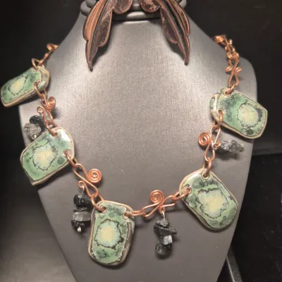 Sale Photo Thumbnail #81: Electroformed Copper Aquamarine Necklace: Adjustable Gemstone Jewelry
aquamarine rough necklace electroformed copper necklace adjustable chain necklace gemstone copper jewelry handmade necklace
Copper clip on leaf earrings &
small delicate copper w/ turqu