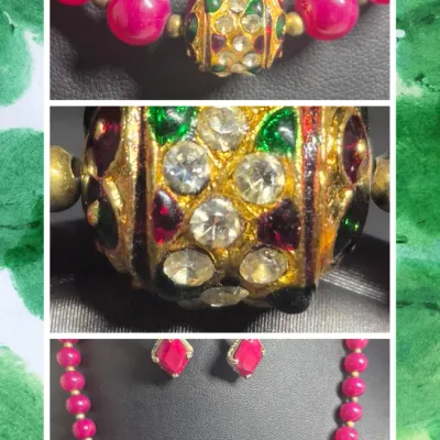 Sale Photo Thumbnail #30: This is a bright pink/magenta beaded necklace and matching earring set featuring vibrant round beads, silver-tone diamond-shaped drop earrings with matching stones, and accent beads
> second earring set is a butterfly w/rhinestones.....for that Fun Evenin