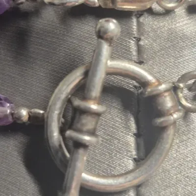 Sale Photo Thumbnail #102: Stunning Lilac set Necklace / Bracelet / Earring
Necklace is 12" with toggle fastner
> bracket has lilac clear beads w/ faux pearls and metal spacers
> pierced earrings are clear beads dangle