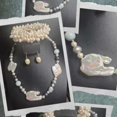Sale Photo Thumbnail #41: Vintage Baroque and Keshi Freshwater Pearls & Pearl expandable Bracelet + earrings
Stunning Keshi freshwater pearl Choker w/ magnetic clasp
All handmade, tied and great pearl forms
Expandable breaclet is very heavy for pearls are dense
pair of single drop