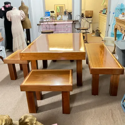 1242 Custom Handcrafted Inlaid Wood Dining Table with 3 Matching Seats and a Bench – Signed 2016