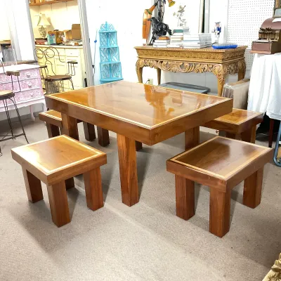 1242 Custom Handcrafted Inlaid Wood Dining Table with 3 Matching Seats and a Bench – Signed 2016