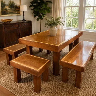 1242 Custom Handcrafted Inlaid Wood Dining Table with 3 Matching Seats and a Bench – Signed 2016