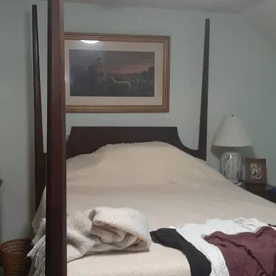Traditional wooden four-poster bed frame featuring tall turned posts, paired with a simple dark wood headboard.