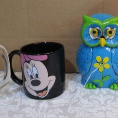 Sale Photo Thumbnail #167: mirror, twine & scissor dispenser owl, Minnie Mouse oversized mug, Vintage A&W root beer mug, see pictures
