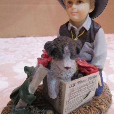 Sale Photo Thumbnail #256: One bell is ceramic, the other is a 2-bell combo in metal, 1 "The Gift of Fur" by Big Sky Carvers young cowboy & puppy figurine,  2 sconce light candle holders (can be used floral arrangements), see pictures