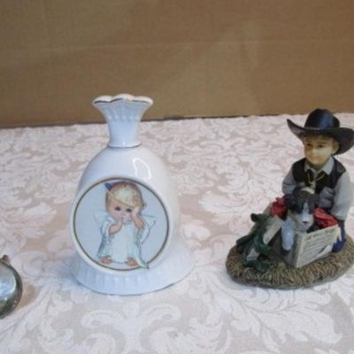 Sale Photo Thumbnail #253: One bell is ceramic, the other is a 2-bell combo in metal, 1 "The Gift of Fur" by Big Sky Carvers young cowboy & puppy figurine,  2 sconce light candle holders (can be used floral arrangements), see pictures