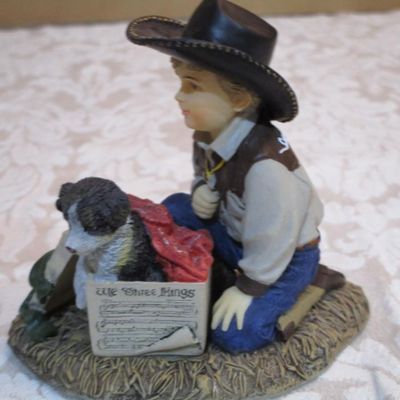 Sale Photo Thumbnail #263: One bell is ceramic, the other is a 2-bell combo in metal, 1 "The Gift of Fur" by Big Sky Carvers young cowboy & puppy figurine,  2 sconce light candle holders (can be used floral arrangements), see pictures