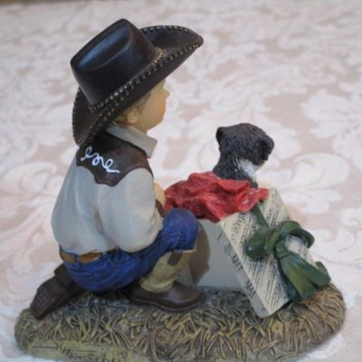 Sale Photo Thumbnail #264: One bell is ceramic, the other is a 2-bell combo in metal, 1 "The Gift of Fur" by Big Sky Carvers young cowboy & puppy figurine,  2 sconce light candle holders (can be used floral arrangements), see pictures