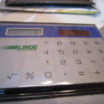 Sale Photo Thumbnail #275: 6 new solar credit card calculators with cases, 2 PF calculators, 1 Elsemate has a stopwatch, calculator & alarm (needs battery), Sharp EL8140 wallet calculator needs battery), see pictures