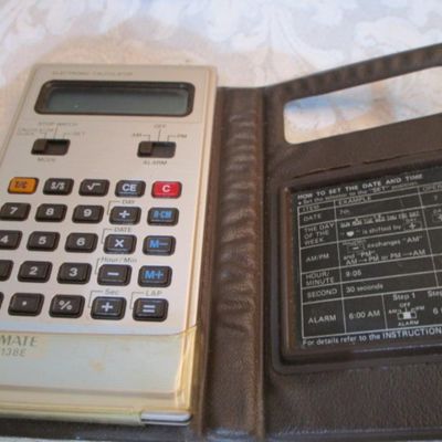 Sale Photo Thumbnail #283: 6 new solar credit card calculators with cases, 2 PF calculators, 1 Elsemate has a stopwatch, calculator & alarm (needs battery), Sharp EL8140 wallet calculator needs battery), see pictures