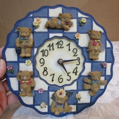 Sale Photo Thumbnail #348: 2 bear plug covers (one bear is missing an ear), 1 bear 2-switch cover, 1 Papa bear reading to baby bears figurine, bear clock (needs element replacement - element unscrews)