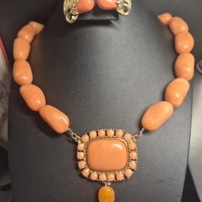 Sale Photo Thumbnail #107: Elements Orange beaded pendant necklace ~ chunky choker
size: 16",
> Sarah Cov clip on earrings match