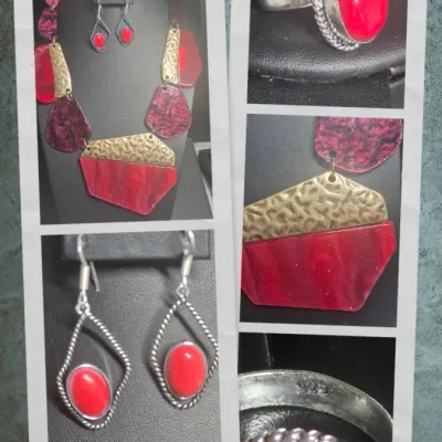 Sale Photo Thumbnail #34: This is a chunky statement necklace featuring red and dark maroon resin or acryl beads paired with textured, hammered gold-tone metallic plates.
Designed for impact and BRUTALIST design.....overall 16" wi/ lobster clasp
Earrings are match and 925 sterling
