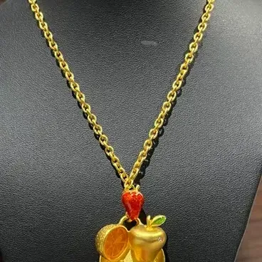Sale Photo Thumbnail #236: Bob Macky Women's Jewelry - Gold – fruit platter gold tone necklace 
> on a gold curb chain 12" total length
> marked on reverside of pendent