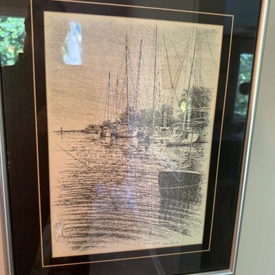 Framed limited edition nautical art print featuring sailboats at harbor, pencil signed and numbered in lower corner.
