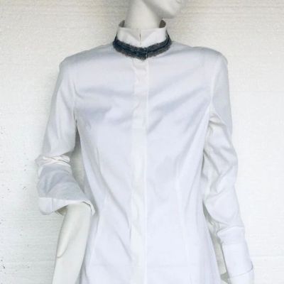 Brunello Cucinelli white cotton button-down shirt featuring a high collar with signature monili bead trim. Crisp & Clean- MINT