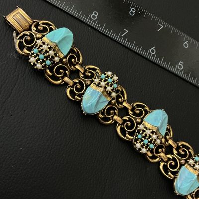 Vintage Gold-Tone & Faux Turquoise Scarab Link Bracelet