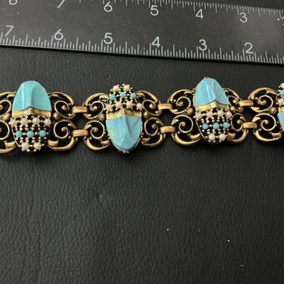 Vintage Gold-Tone & Faux Turquoise Scarab Link Bracelet