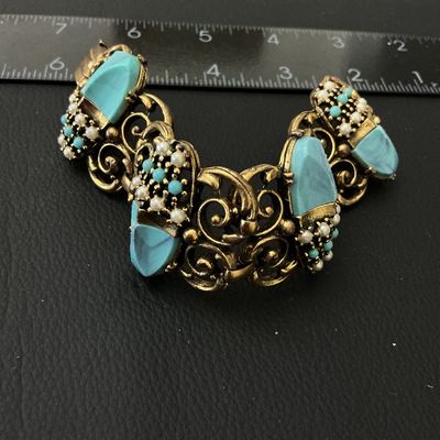 Vintage Gold-Tone & Faux Turquoise Scarab Link Bracelet