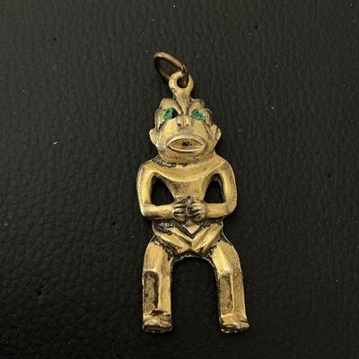 Vintage Brass Tiki / Tribal Style Figural Pendant with Green Inlay Eyes