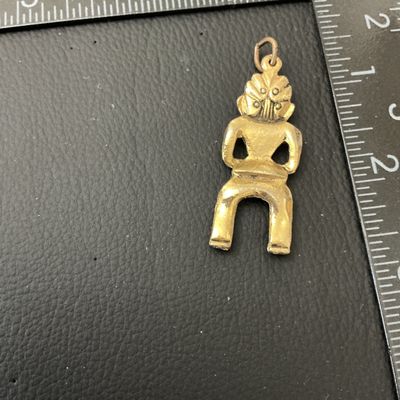 Vintage Brass Tiki / Tribal Style Figural Pendant with Green Inlay Eyes
