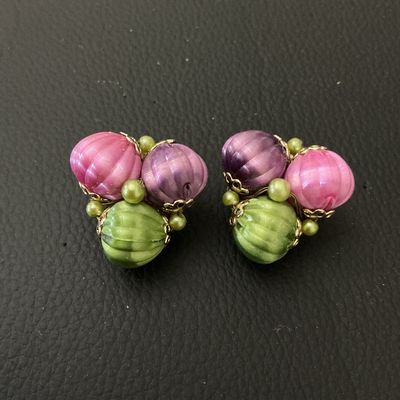 Vintage Beaded Fruit Clip-On Earrings Pink Purple Green