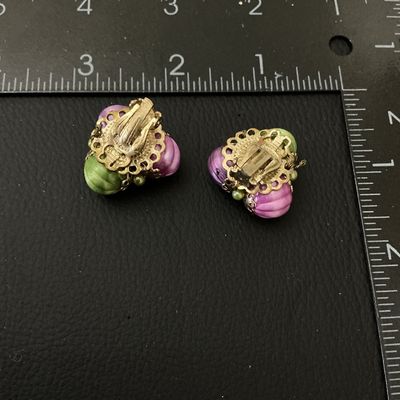 Vintage Beaded Fruit Clip-On Earrings Pink Purple Green