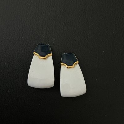 Vintage White and Navy Enamel Gold-Tone Pierced Earrings