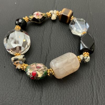 Beaded Stretch Bracelet with Cloisonne, Agate, Tiger's Eye & Faceted Glass