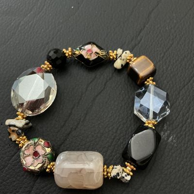 Beaded Stretch Bracelet with Cloisonne, Agate, Tiger's Eye & Faceted Glass