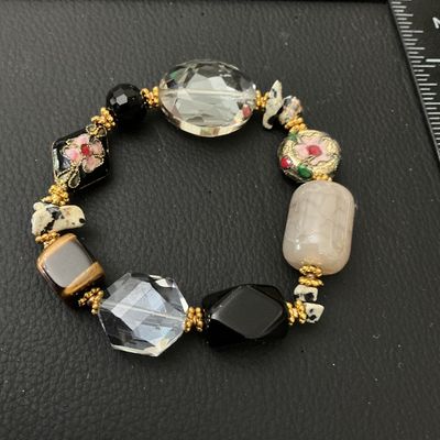 Beaded Stretch Bracelet with Cloisonne, Agate, Tiger's Eye & Faceted Glass