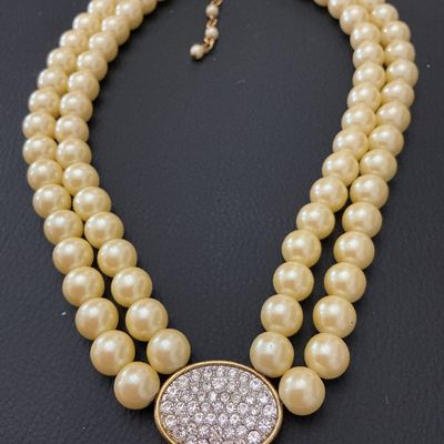 Avon Vintage Double Strand Faux Pearl & Rhinestone Necklace