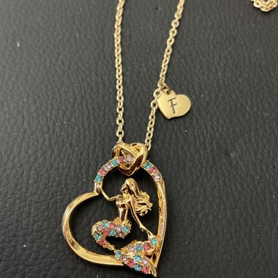 Gold-Tone Rhinestone Mermaid Heart Pendant Necklace with Initial F Charm