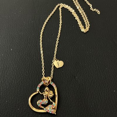 Gold-Tone Rhinestone Mermaid Heart Pendant Necklace with Initial F Charm