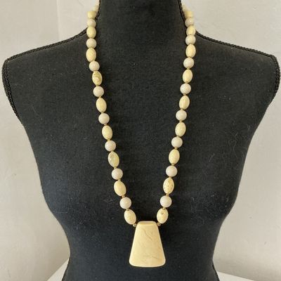 Vintage Faux Carved Ivory or Bone Style Beaded Pendant Necklace