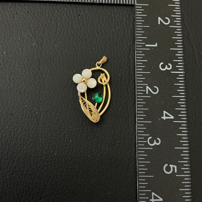 Vintage Gold Tone Floral Pendant with Pearl-Style Accents and Green Stone