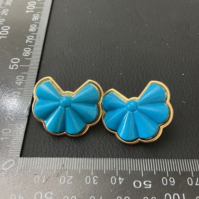 Vintage Gold Tone & Turquoise Blue Enamel Fan Bow Pierced Earrings