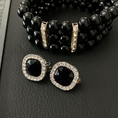 Vintage Black Beaded Multi-Strand Bracelet and Clip-On Earrings Set