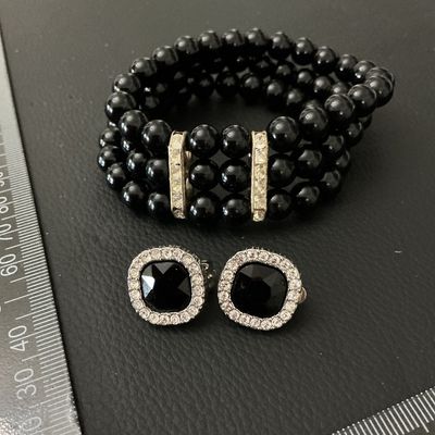 Vintage Black Beaded Multi-Strand Bracelet and Clip-On Earrings Set