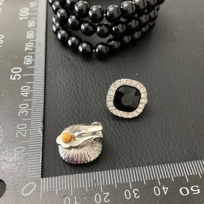 Vintage Black Beaded Multi-Strand Bracelet and Clip-On Earrings Set