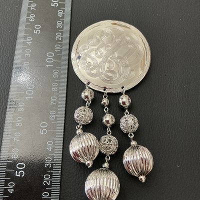 Silver Tone Monogram Medallion Brooch Pin with Dangle Beads