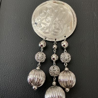 Silver Tone Monogram Medallion Brooch Pin with Dangle Beads